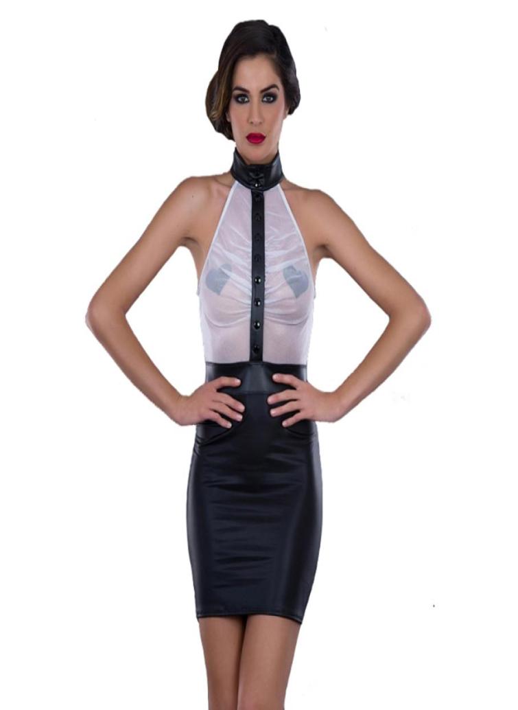 

Fetish Wear Fashion Sexy High Crew Neck Sleeveless Party Dresses 30 Faux Leather Patchwork White Mesh Clubwear Erotic Club Dress7361610