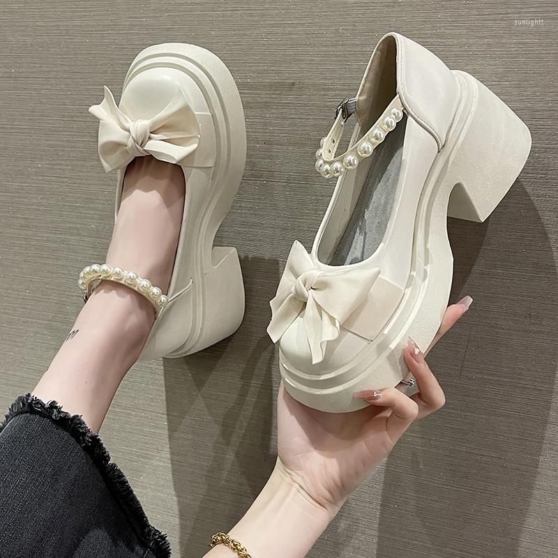 

Dress Shoes 2023 Women's Fashion Round Tie High Heels Bow Knot Comfortable Pearl Square Heel Low Top Chaussure Femme, Beige