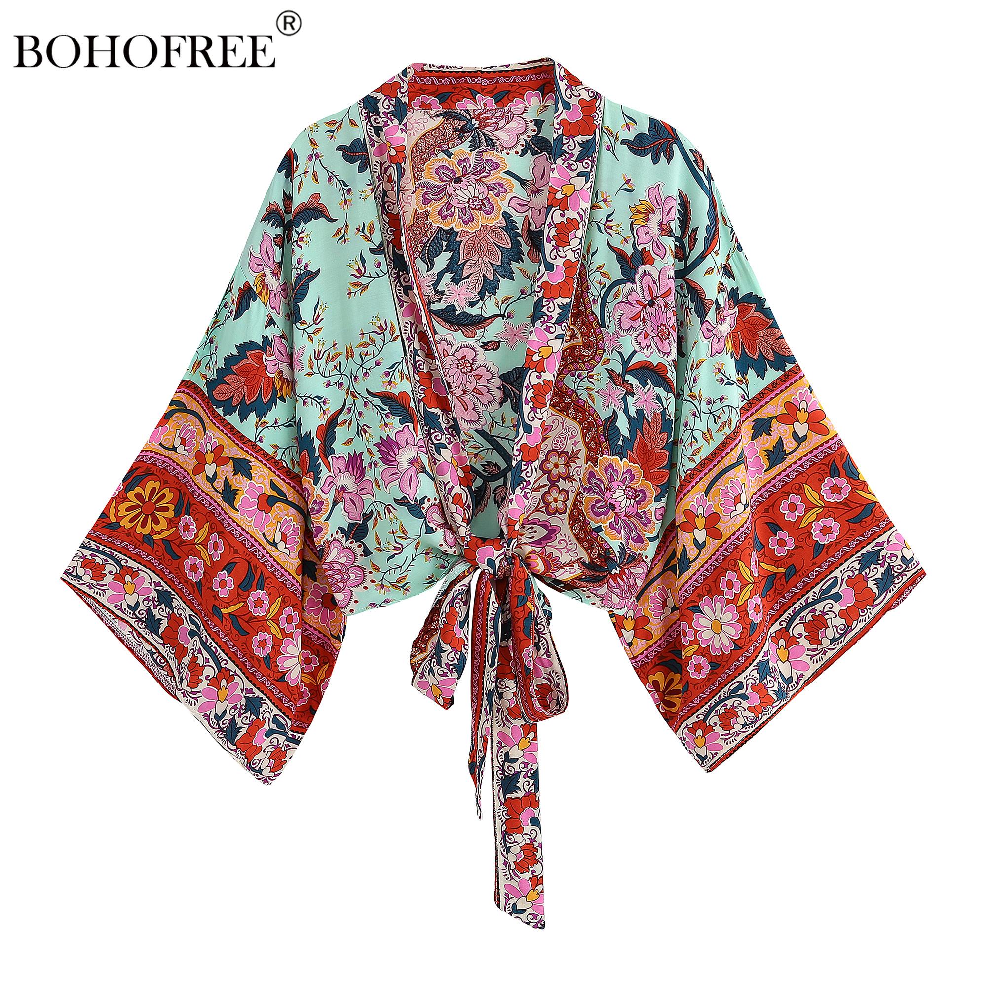

Swimwear Boho Vintage Floral Print Sashes short Kimono Women 2023 Fashion Ladies Blouses Casual V Neck batwing Sleeves bohemian CoverUp, Black