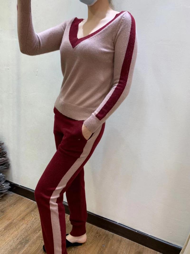 

Women' Two Piece Pants 2023 Drawstring Women' Cashmere Knit Two-piece Fashion V-neck Color Matching Pullover And 2 Set Women, Gray