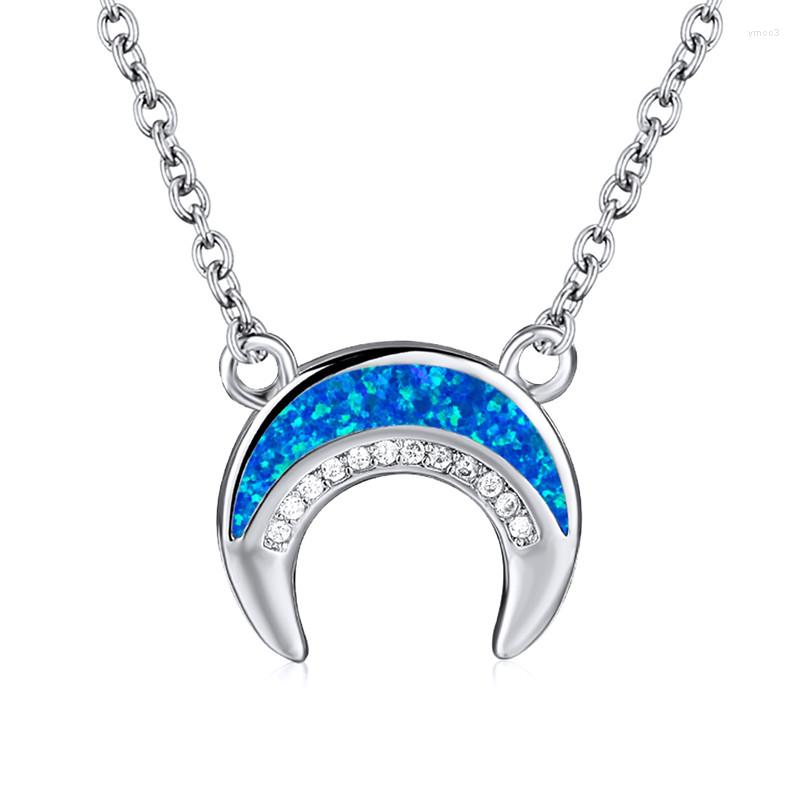 

Pendant Necklaces Blue Frie Opal Moon Necklace White Zircon Crescent Rose Gold Silver Color Chain For Women Men Jewelry