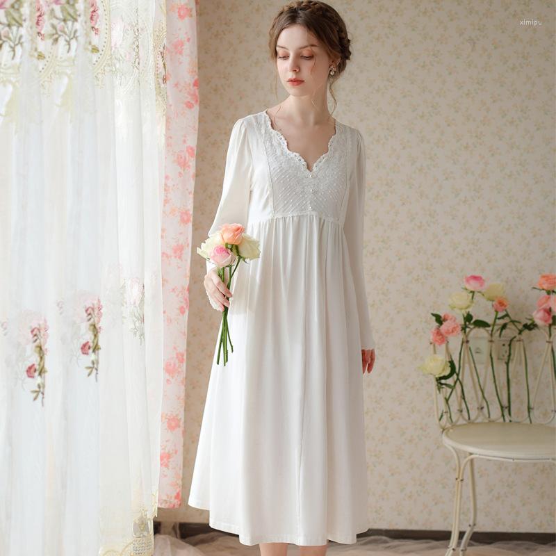 

Women's Sleepwear Embroidery Lace Cotton Night Dress Women Autumn Fairy Long Sleeve Loose Vintage Sexy V Neck Nighty Victorian Nightgown, Pink