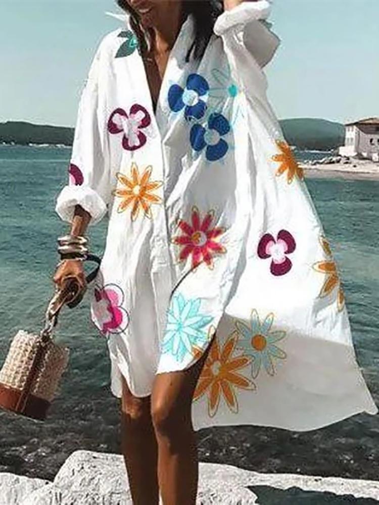 

Swimwear Fitshinling Bohemian Print Floral Short Beach Dress Oversize Women Clothes Button Up Shirt Robe Holiday Fashion Vestidos Femme, Print 7