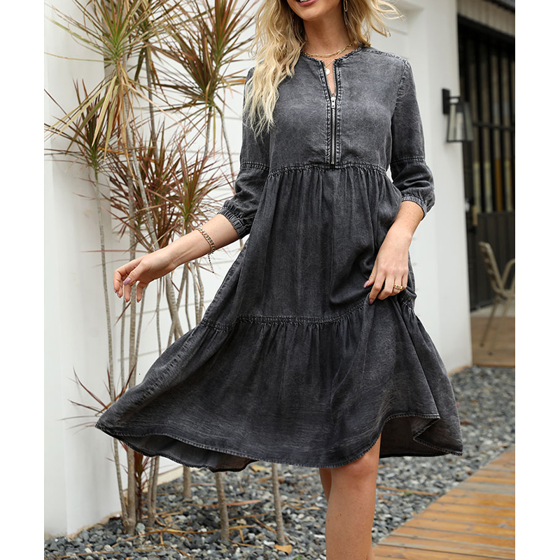

Casual Dresses Y2K Summer Denim Dres O Neck Zipper Patchwork Pleats Distress Vintage Ruffled Female Fashion ALine 230512, Black