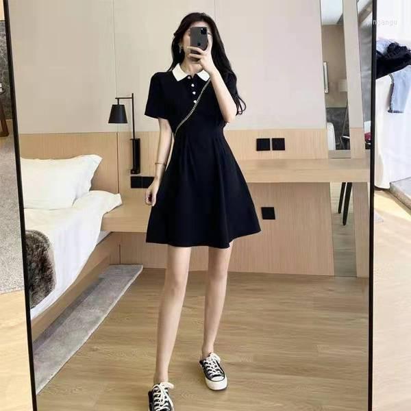 

Casual Dresses Small Portrait POLO Collar Black Waist Dress For Women Summer Hepburn Little Children