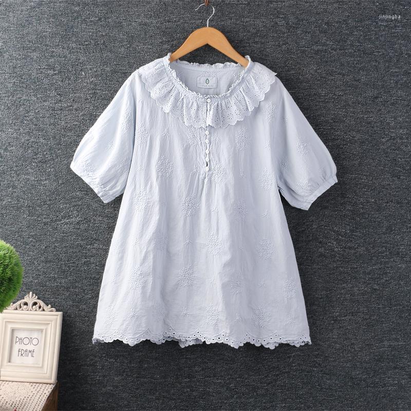 

Women's Blouses Summer Sweet Preppy Style Solid Color Embroidered Top Women Round Neck Short Sleeve Tops MDW904, Pink