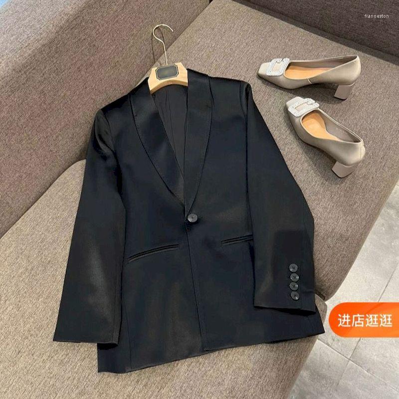 

Women's Suits UNXX High-end Satin Small Suit Spring Fashion Lapel Solid Color Office Women Top Real Silk Coat Blazer Clothing, Black
