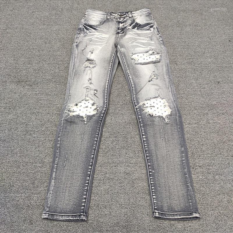 

Men's Jeans Fashion Street Stretch Denim Motorcycle Pant Men Jean Skinny Fall Knee Stitching Grey Patchwork Biker Stacked, Picture