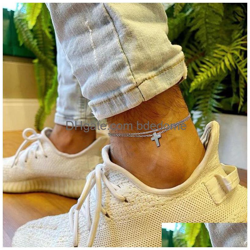 

Anklets Anklet For Men Mens With Cross Charm Double Chain Gift Boyfriend Mans Ankles Bracelet Christian Catholic Jewelry Drop Deliver Dheqj