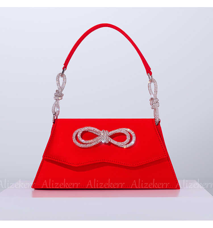 

Shoulder Bags Women Chic Rhinestone Bow Handbags Designer Elegant Sparkling Crystal Trapezoid Satin Evening Wedding Clutch Purses High Quality 230426, Red