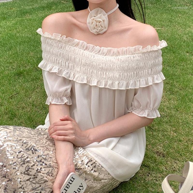 

Women's Blouses Korean 2023 Summer Office Tops Sweet Pink Flower Off Shoulder Chiffon Shirts And Puff Sleeve Elegant Blusas 26654, Black
