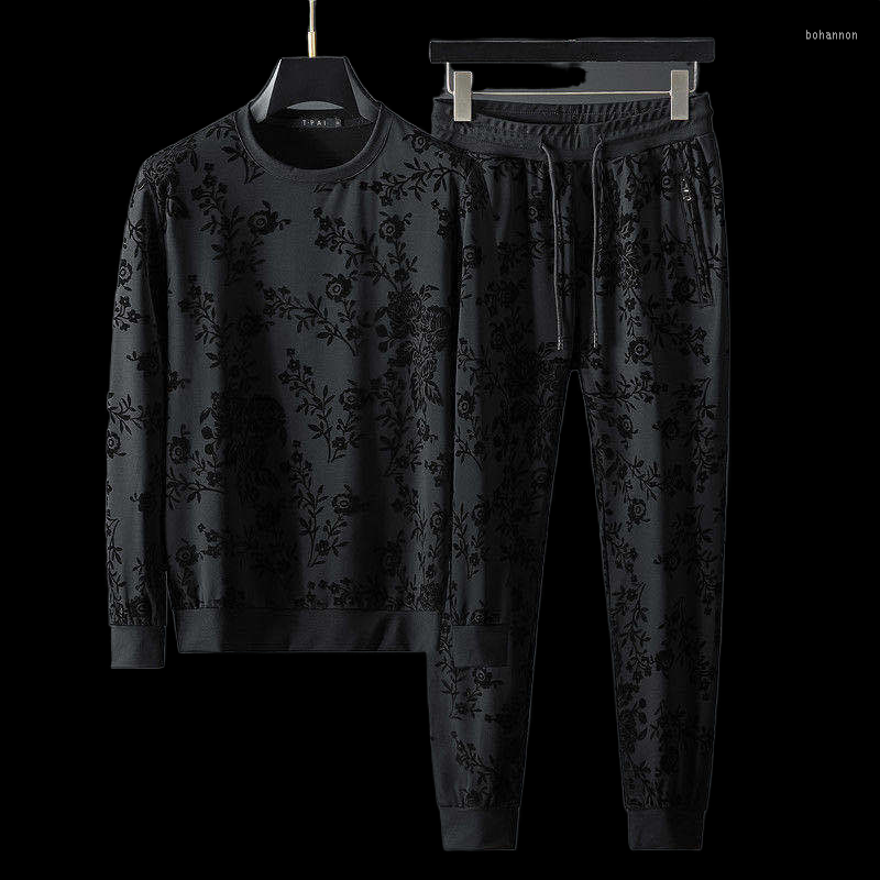 

Men's Tracksuits Autumn European Personalized Simple Jacquard Round Neck Long Sleeve Sweater Pants Two Piece Men's Suit, Black