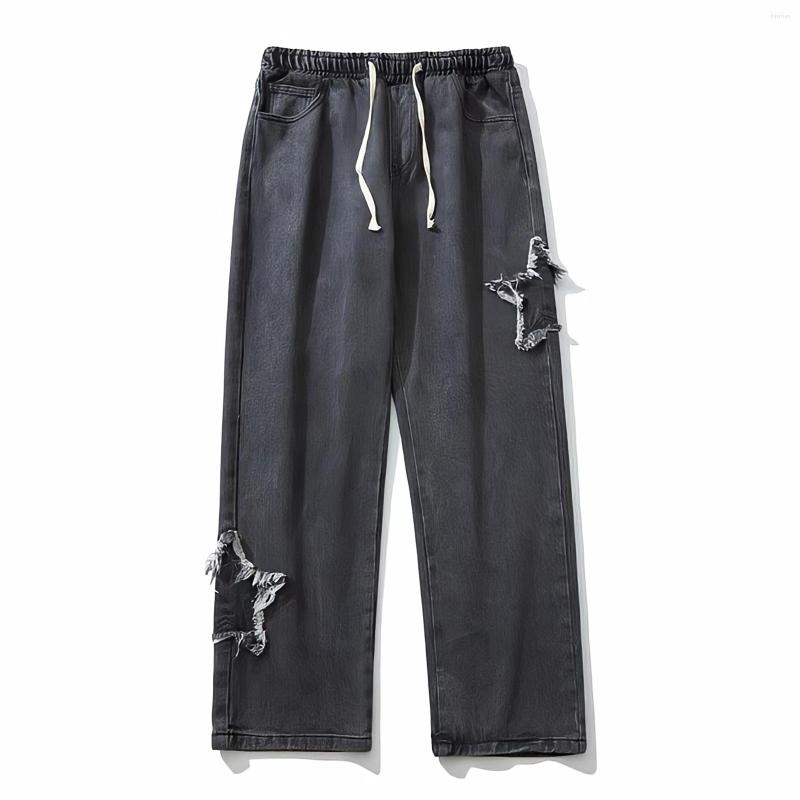 

Men's Jeans Men Hippie Grunge Clothes Casual Straight Wide Leg Pants American Style Streetwear Vintage Y2k Embroidery Star Black For