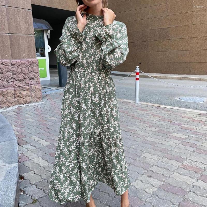 

Casual Dresses EWSFV 2023 Spring And Summer Women Fashion High Neck Printed Long Sleeved Waist Slimming Dress, Green