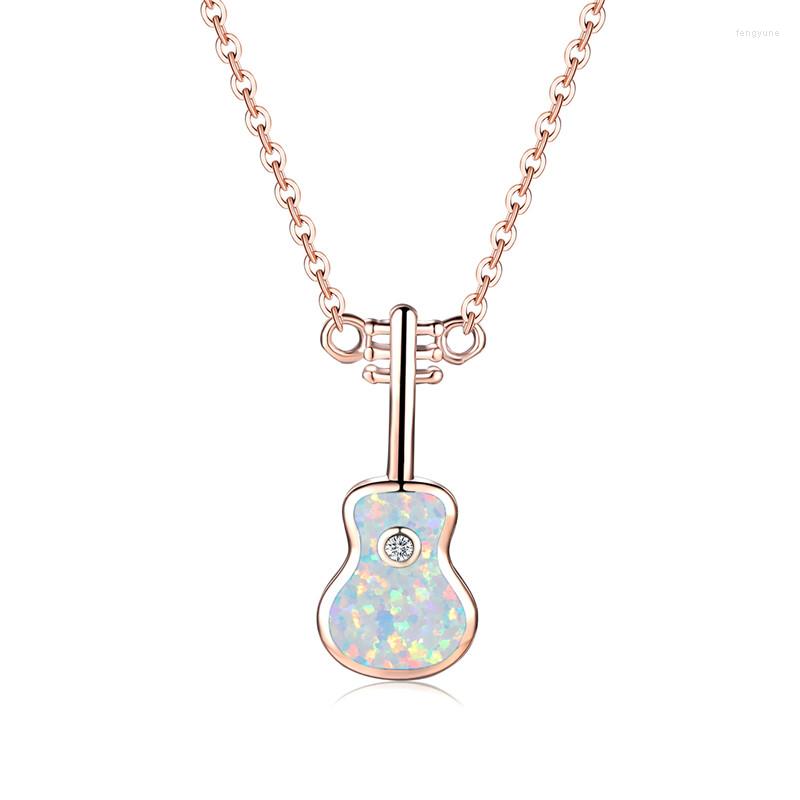 

Pendant Necklaces White Fire Opal Stone Necklace Cute Music Guitar Rose Gold Color Chain For Women Minimalist Accessory