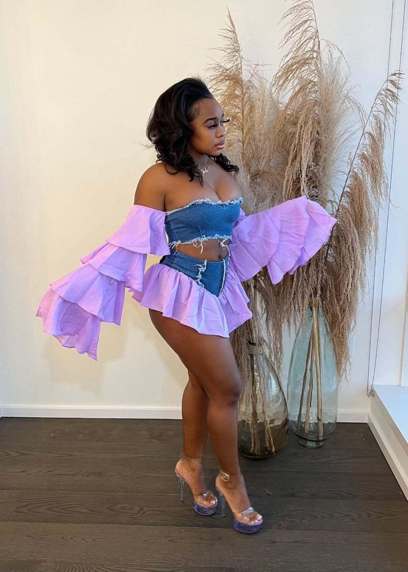 

Work Dresses 2023 Patchwork Denim Sexy Club Sweet Little Chap Young Strapless Full Sleeve Mini Skirts Skinny Women 2 Piece Set, Purple