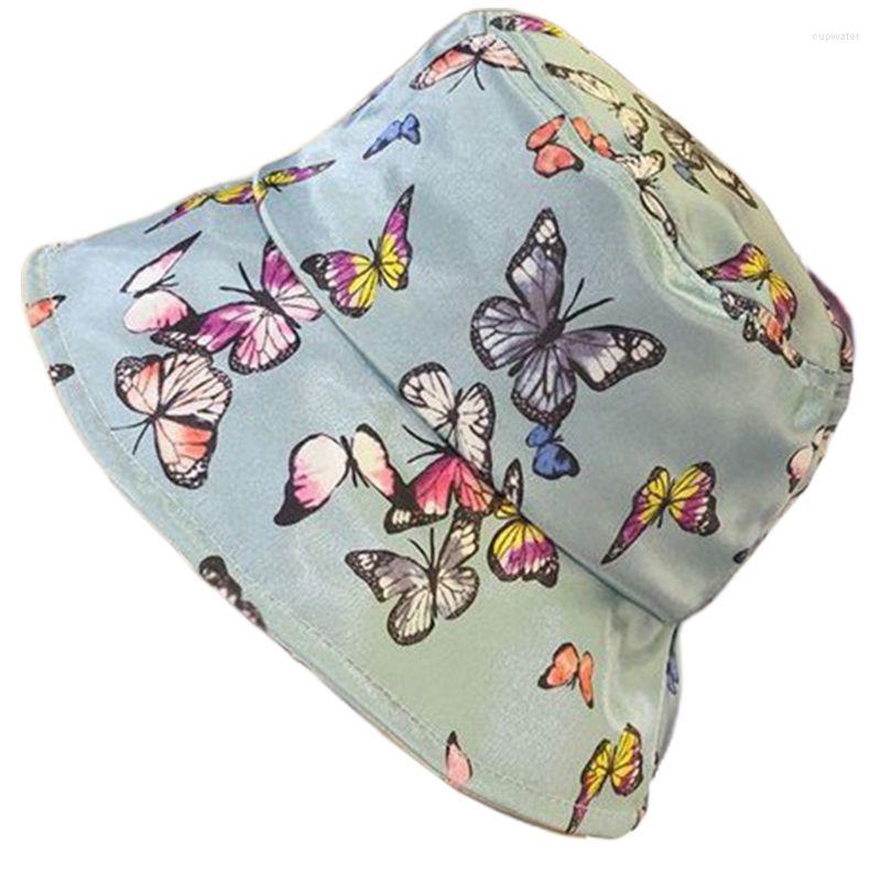 

Berets Korean Women Summer Bucket Hat Colorful Butterfly Print Sunscreen Fisherman Cap High Quality