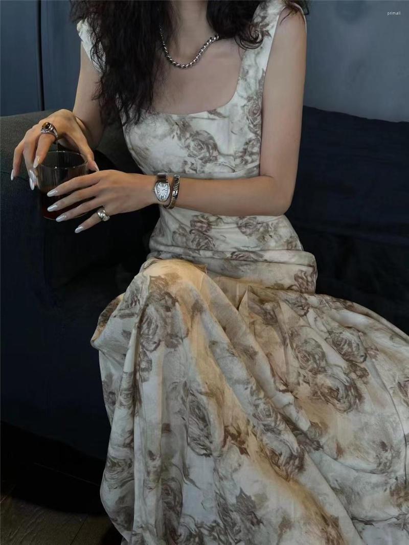 

Casual Dresses Spring Summer Dress Women' Temperament Waist Wrapped Rose Print Premium Sleeveless Tank, Khaki