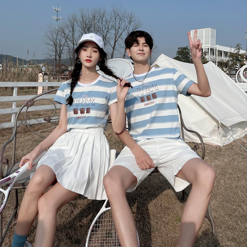

Men's Shorts If You Love Him This Summer Exclusive Couple Suit Blue Stripe T-shirt And Women's Pleated Skirt Professional, White
