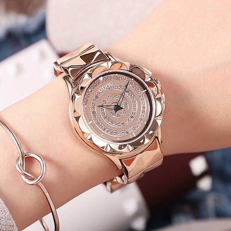 

Wristwatches GUOU Rose Gold Steel Rotation Dial Watches Women Fashion Genuine Dress Watch Quartz Waterproof Relogio Feminino, Purple