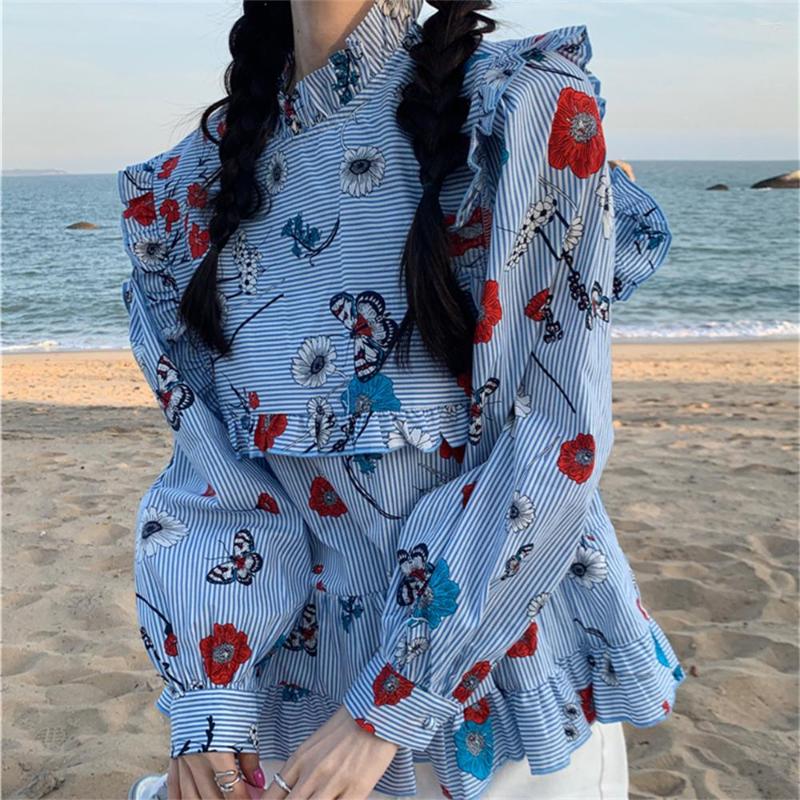 

Women's Blouses PLAMTEE Sweet Sunscreen Blue Stripes Women Ruffles Florals Gentle 2023 Retro Full Sleeve Summer Loose Chic Casual Blusas