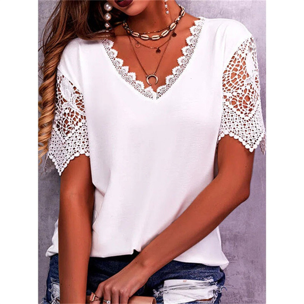 

Women' TShirt Summer Lace Stitching Petal Sleeve VNeck ShortSleeved Fashion Casual Loose Solid Color Vintage Blouse Tops 230512, Light blue