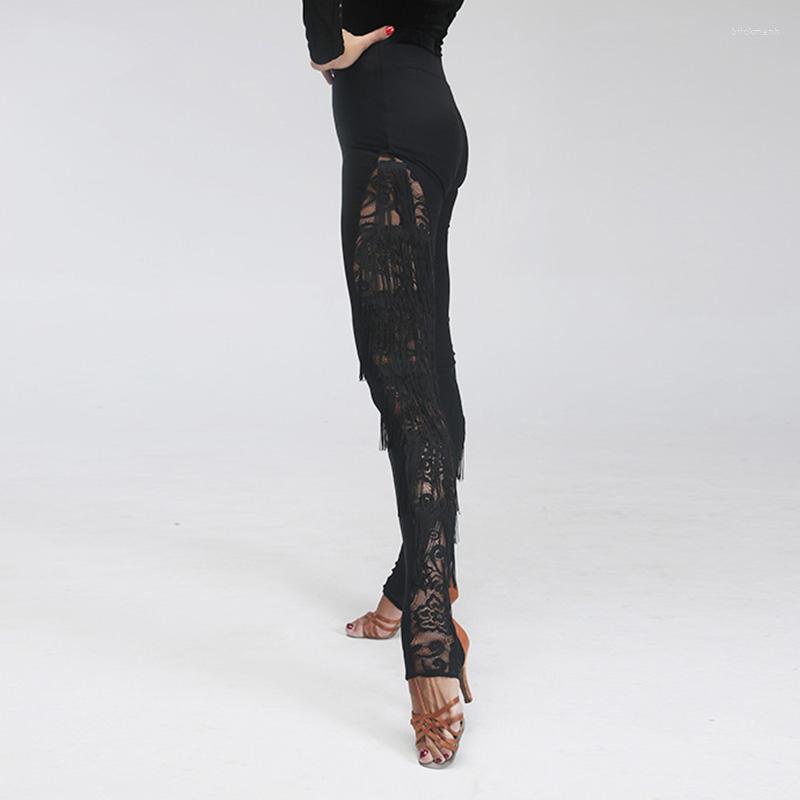 

Stage Wear Ballroom Latin Dance Lace Tassel Pants Salsa Dress Modern Dancing Clothes Woman Black Tight Dancer Cha Practice PY015, Black pants