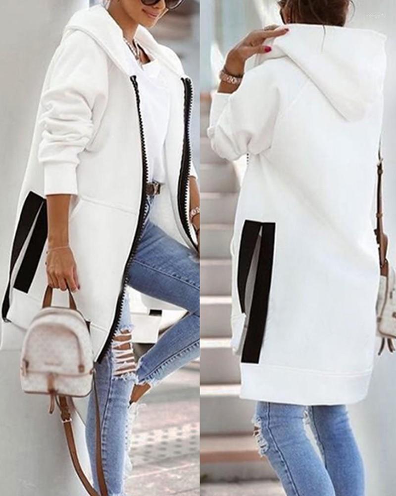 

Women' Jackets Zip Up Long Sleeve Contrast Binding Hooded Coat Women Autumn Winter Patchwork Fashion Casual Jacket Sweatshirt, White