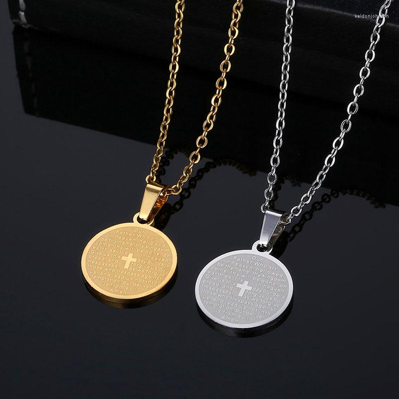 

Pendant Necklaces Fashion Stainless Steel Scripture Double Side Religious Necklace Men's Cross