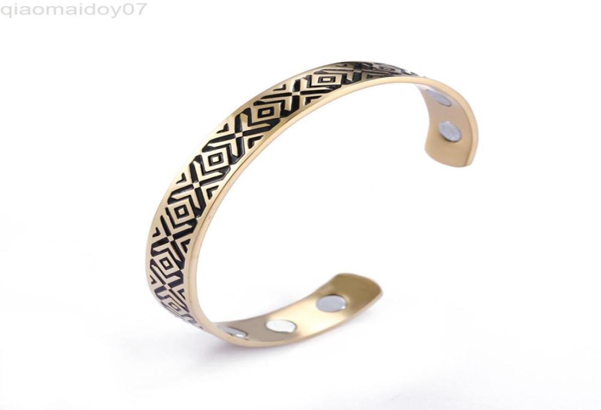 

Skyrim Nordic Runes Stainless Steel Viking Bangles Simple Adjustable Gold Black Health Magnetic Cuff Bracelets For Women Men L22088252414