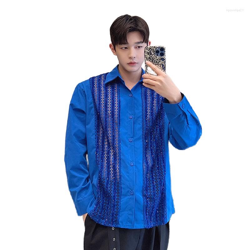 

Men's Casual Shirts VERSMA Korean Chic Openwork Design Mesh Stitch Men Spring Kpop Long Sleeve Transparent Hawaiian Shirt Women Drop, Black