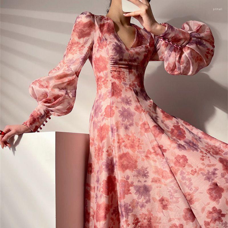 

Casual Dresses Luxury Beaded Women' Dress 2023 Spring Summer Elegant V-Neck Print Fashion Retro Lantern Sleeve Formal Occasion G785, As shown