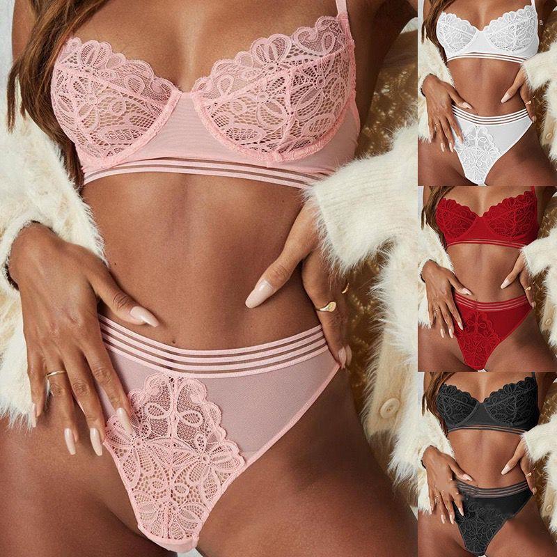 

Bras Sets Women Lace Mesh Spaghetti Strap Bra Panties Set Ladies Lingerie, Black
