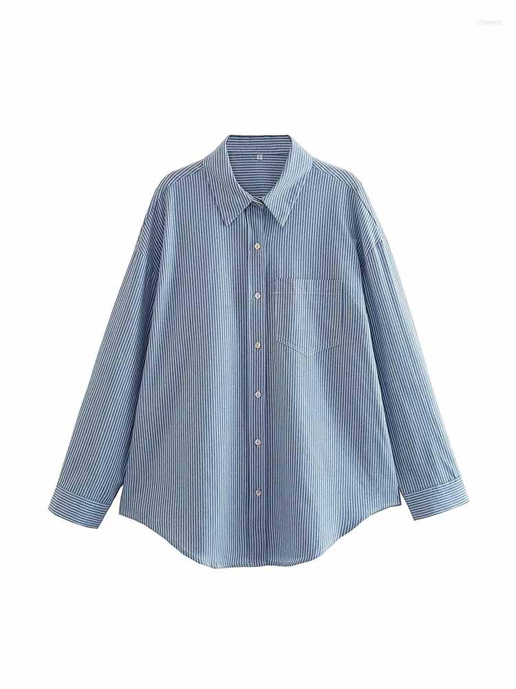 

Women's Blouses BSK&ZA&TRF Women 2023 Fashion Linen Stripes Loose Button-up Long Sleeve Pockets Female Shirts Chic Tops 4745/023, Blue