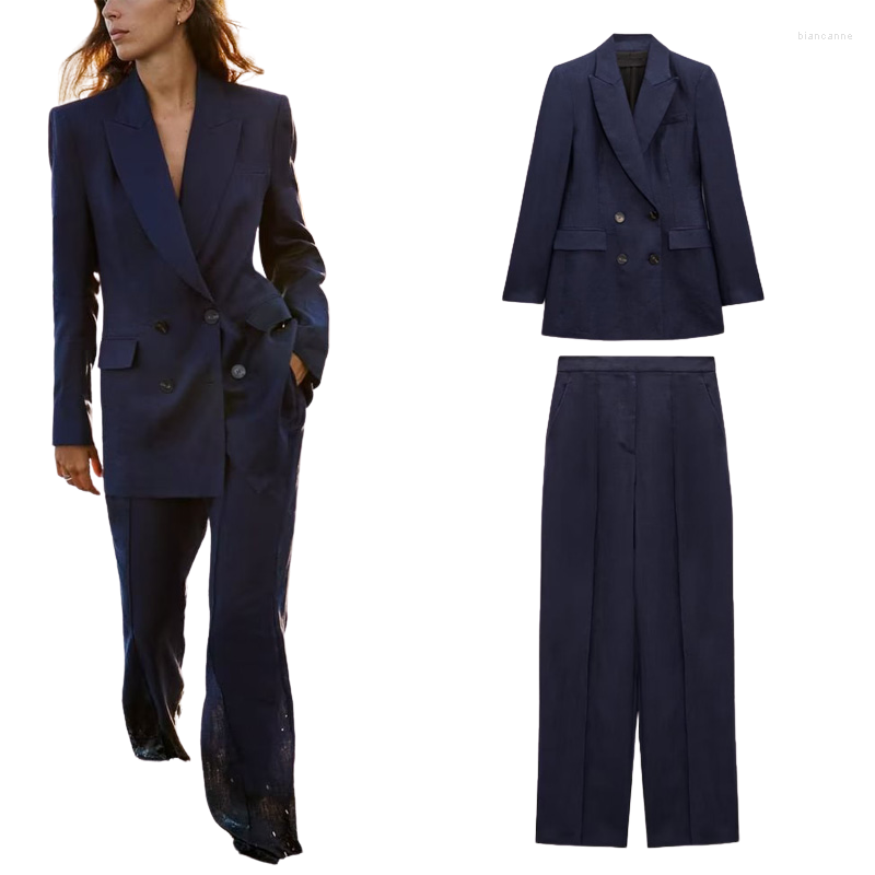 

Women' Two Piece Pants 2023 Fall Temperament Women' Fashion Solid Color Full Linen Double Breasted Suit Jacket High Waist Trousers, Za1-1