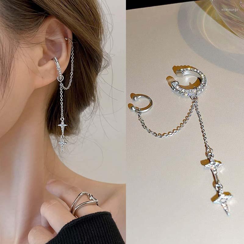

Backs Earrings Shiny Sweet Star Ear Clip For Women Girl Zircon Crystal Tassel Cuff Party Fashion Silver Color Jewelry Gift