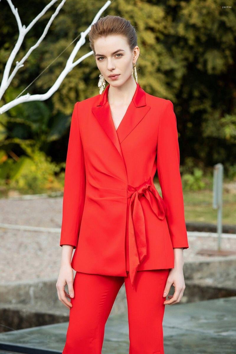 

Women's Two Piece Pants Fashion Women Blazer Sets 2 Pcs Slim Fitted Coat With Belt Flared Red Business Formal Lady Pantsuits Custom Made, Purple