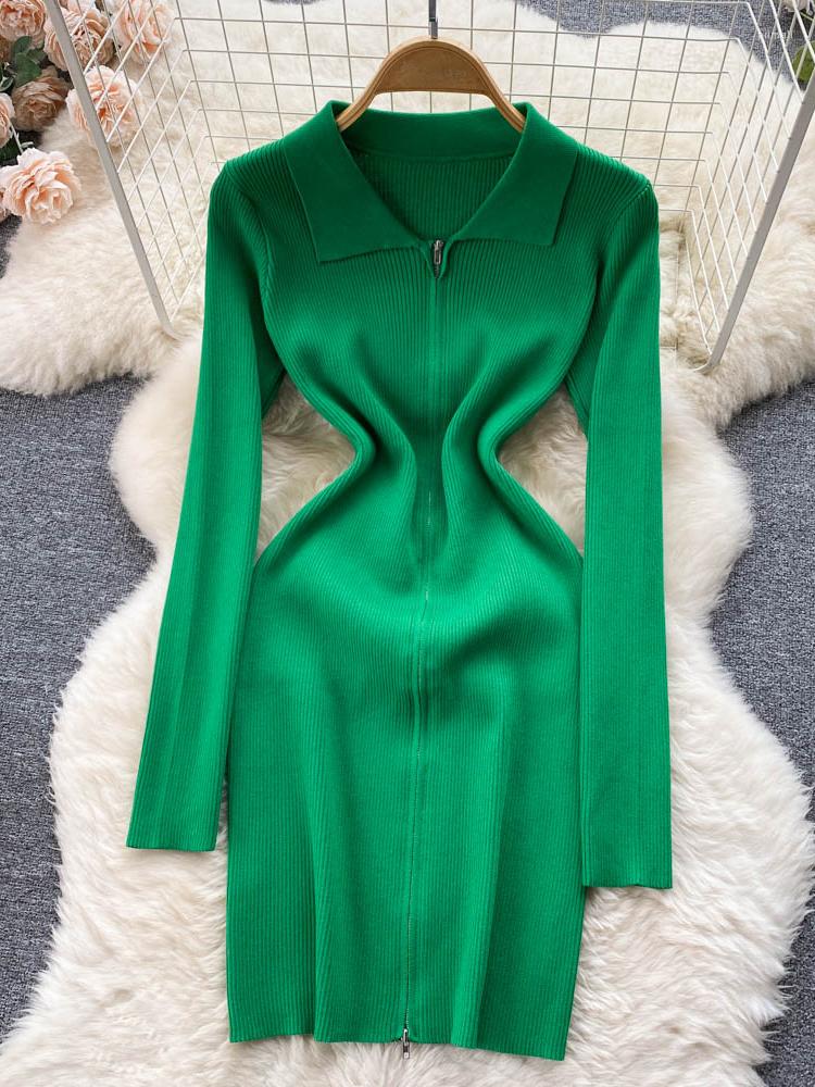 

Casual Dresses Women Knitted Pencil Dress Korean Long Sleeve Zipper Elastic Slim Autumn Winter Sexy Bodycon Warm Sweater, Black