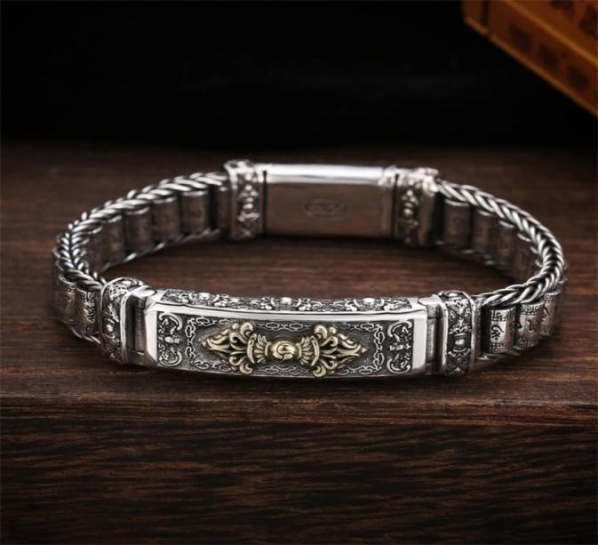 

Bangle QN Silver Bracelet Men039s Personality Style Creative Handwoven Sixcharacter Mantra Barrel Bead Chain For Boyfriend Gift2769571
