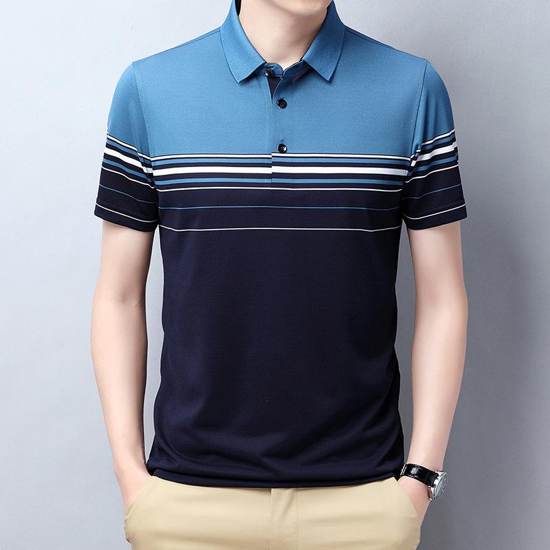 

Men's Polos Summer Mens Shirts Luxury Mulberry Silk Short Sleeve Loose Casual Male Tops Fashion Striped Man Tees 4XLMen's Men'sMen's, Blue