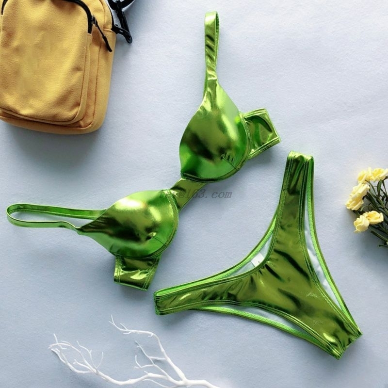 

Women' Swimwear Women Sexy 2 Piece Brazilian Bikini Set Reflective Shiny Metallic Swimsuit Push Up Underwire High Cut Bathing Suit Beachwear 230512, Green