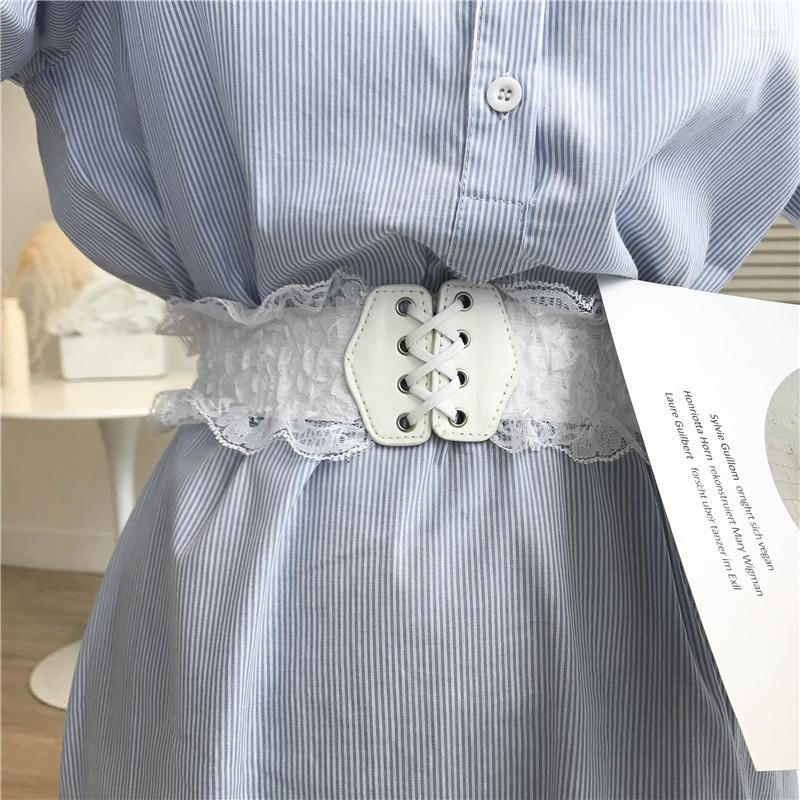 

Belts Elegant PU Leather Wide Belt Women Lace Dress Cummerbunds Solid Color Elastic Corset Decorative Double Lacing Waistband, White