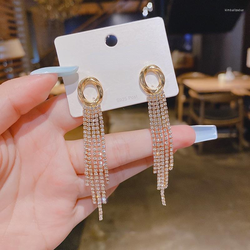 

Dangle Earrings Trendy 2023 Shiny Full Cubic Zircon Luxury Long Tassel Gold Color Hanging For Women Wedding Party Jewelry
