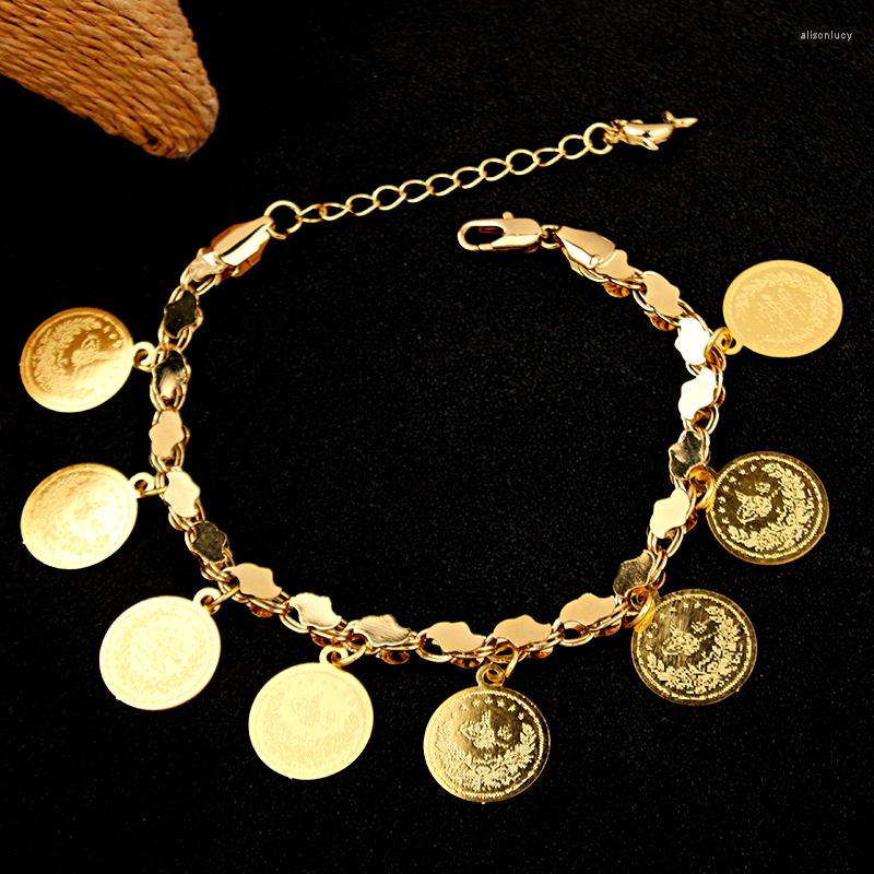 

Charm Bracelets Handmade Turkish Coin Bracelet Bangle For Women Gold Plated Bridal Jewelry Chain Copper Alloy Ethnic Wedding Gifts