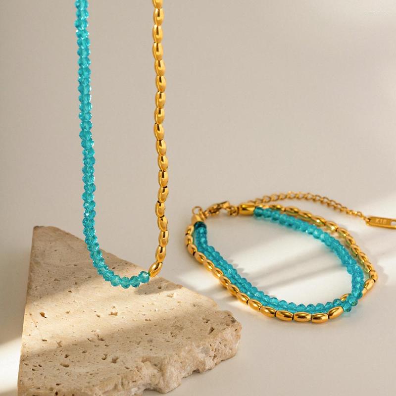

Pendant Necklaces Uworld Retro Lake Blue Crystal 18K Gold Plated Stainless Steel Beads Chain Bracelets Sets For Women Collares Para Muje