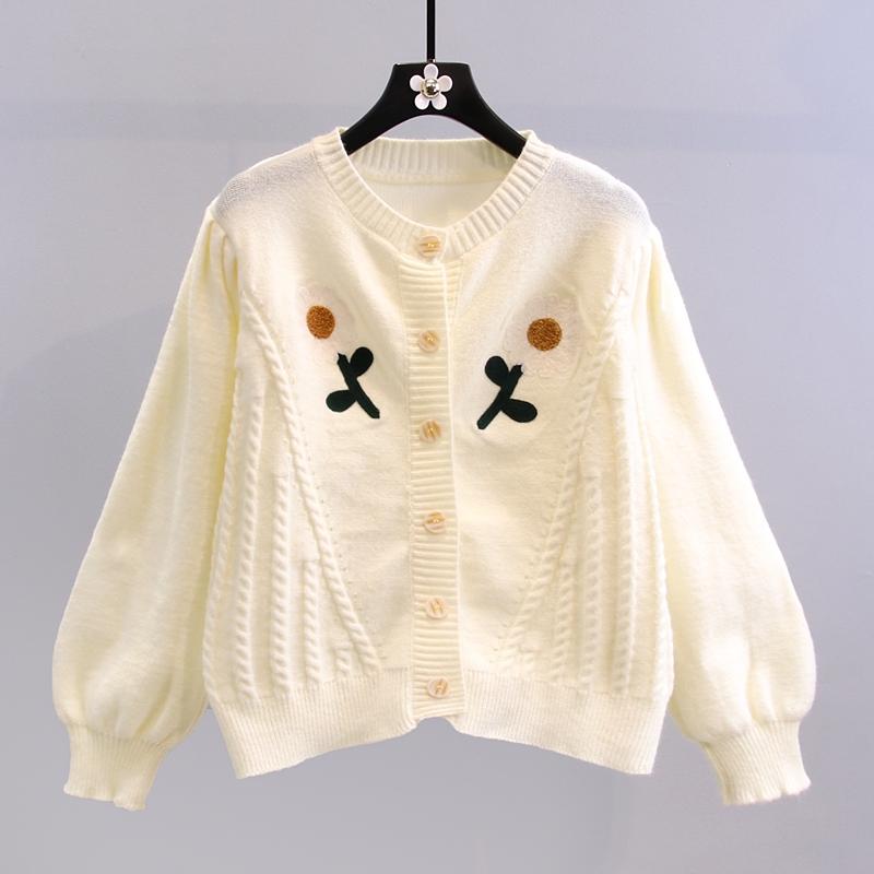 

Women's Knits & Tees Sweet Style Embroidery Knitted Women Sweater Cardigan Autumn Winter 2023 Lantern Sleeved Loose Button Female Outwear To, Yellow