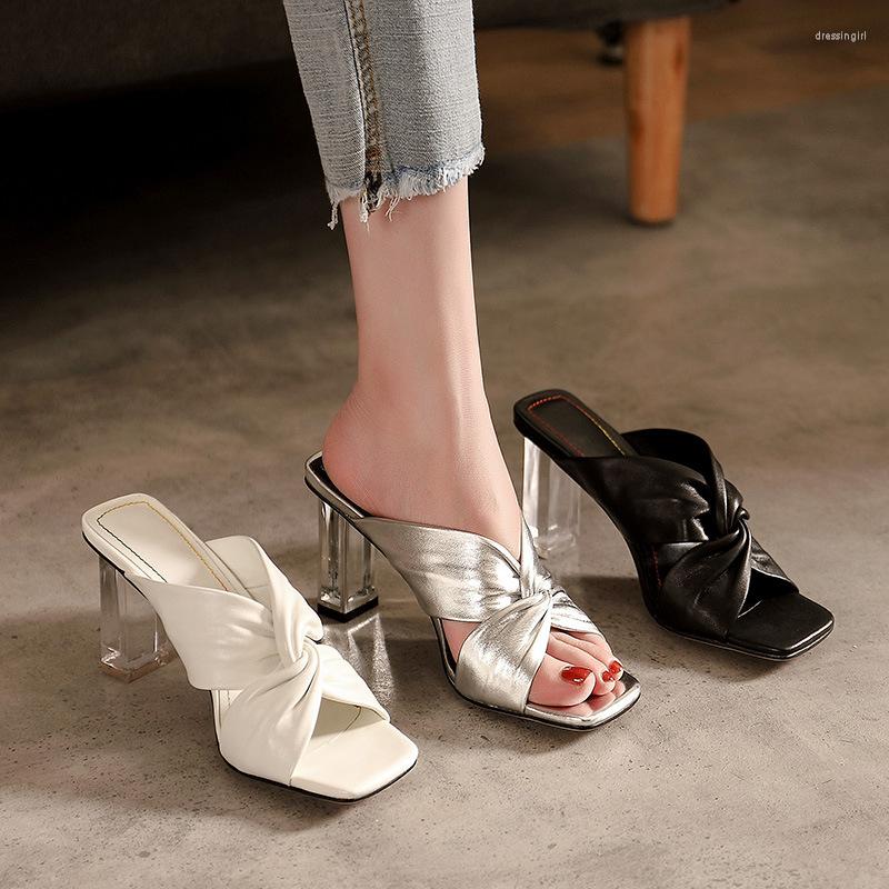 

Slippers 2023 Summer Square Toe Women Fashion Thin High Heel Ladies Mules Elegant Female Outside Slides Sandal Shoes, White