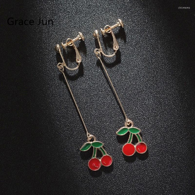 

Backs Earrings Grace Jun Handmade Enamel Red Cherry Long Clip On And Pierced Gold Color Ear Factory Direct Wholesale