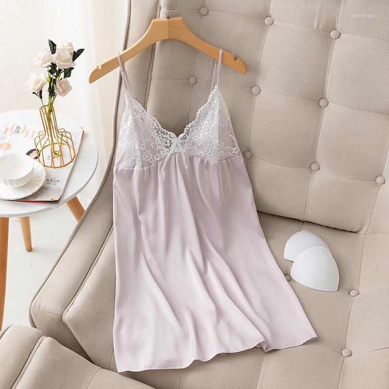 

Women's Sleepwear Jxgarb V Neck Womens Sleeveless Lace Cup Satin Nightgown With Bust Pads Backless Femme High Quality Like Silk Sexy, Beige