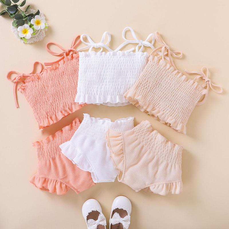 

Clothing Sets Infant Baby Girls Two-Piece Clothes Outfit Tie-Up Spaghetti Strap Sleeveless Ruched Solid Color Tank Tops Shorts, Pink